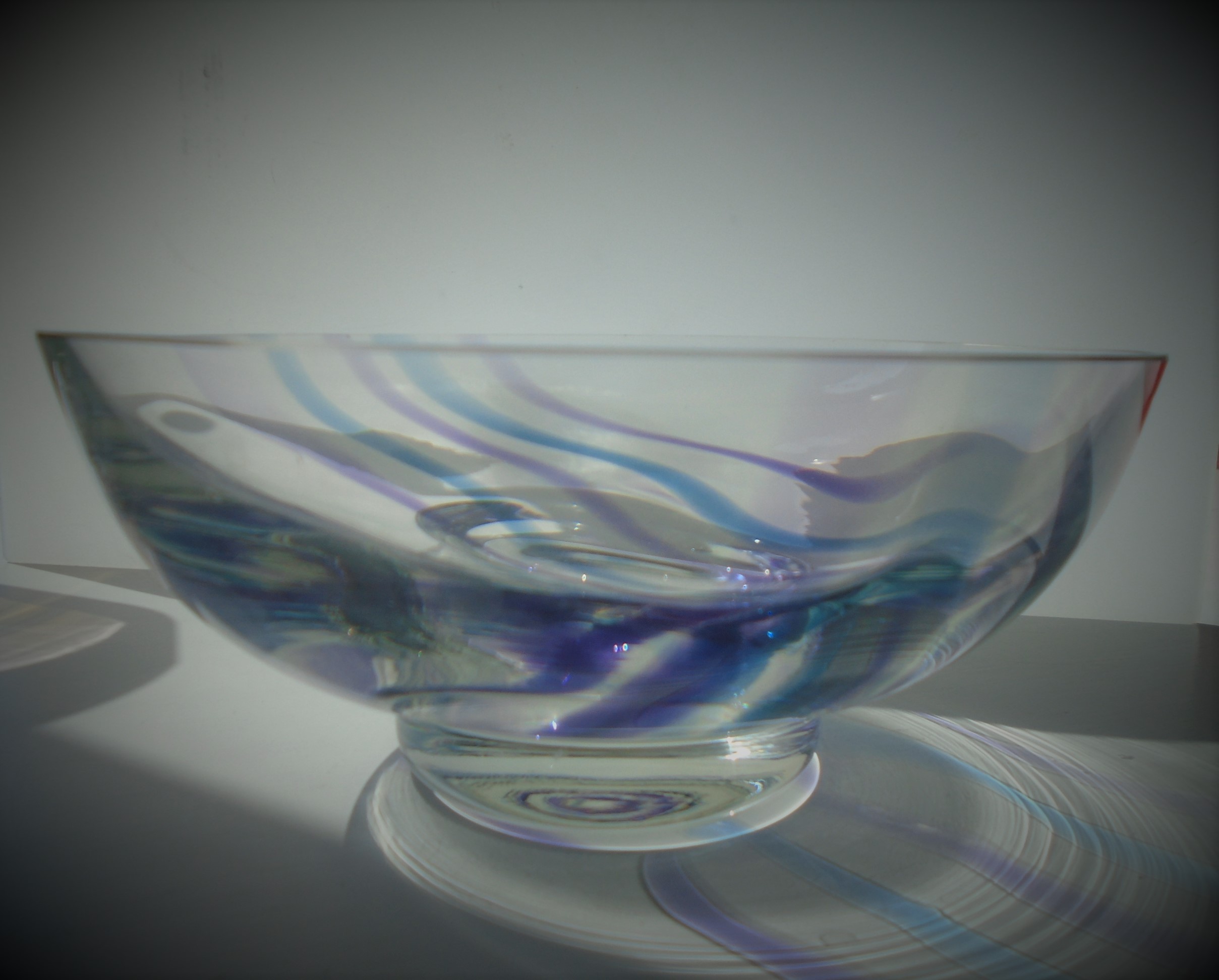  CAITHNESS CRYSTAL GLASS BOWL. Its decorated with what looks like Heather and Loch coloured stripes.