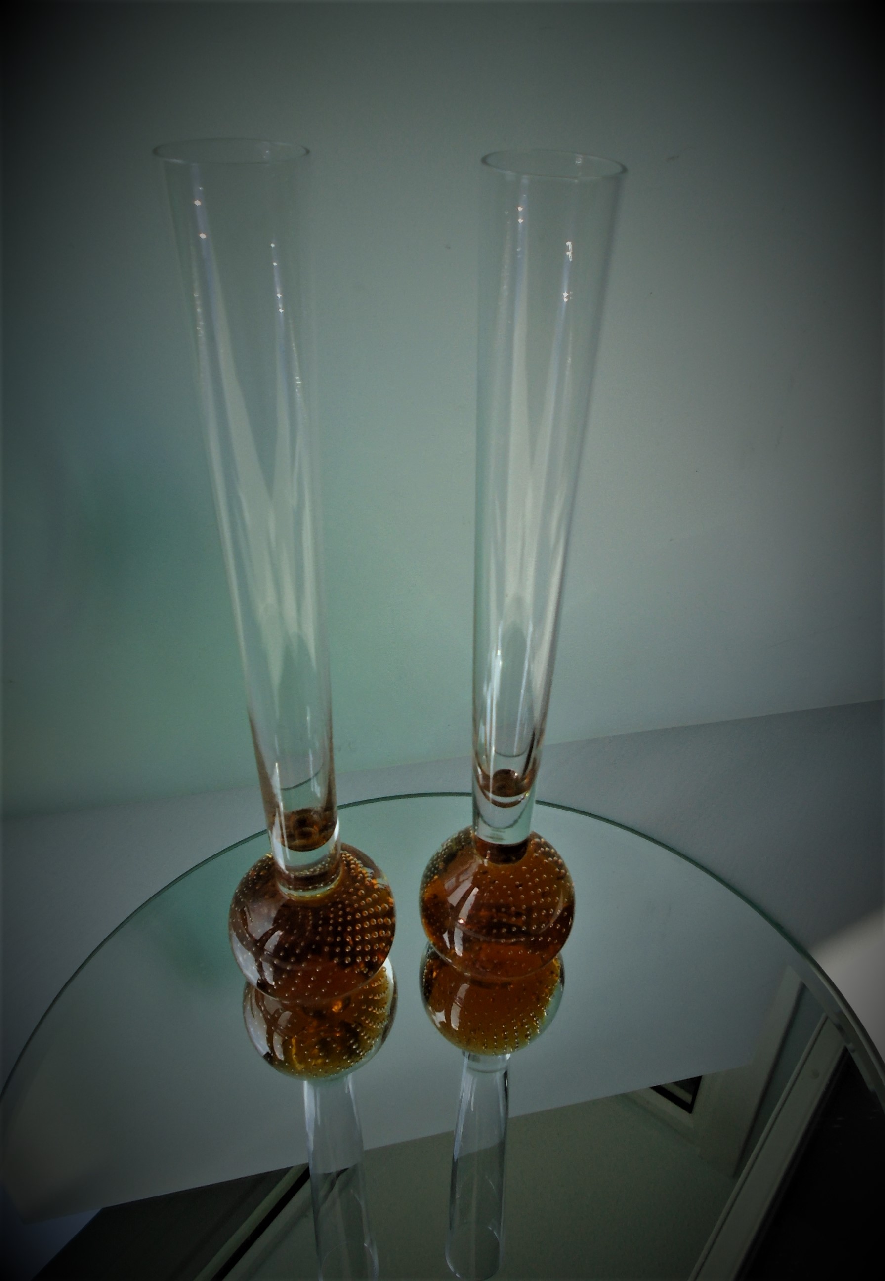 A pair of pretty 70s vintage Murano Style controlled Bubble bud vases. 