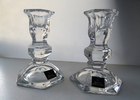 PAIR OF ROYAL DOULTON CLEAR CRYSTAL CANDLE STICKS.