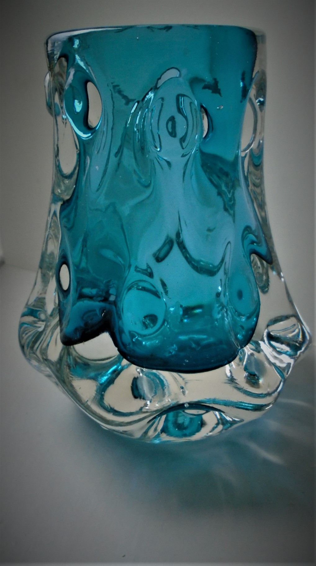 Stunning piece of 70s vintage Liskeard Glass in the form of this Jim Dyer Knobbly vase in Kingfisher Blue