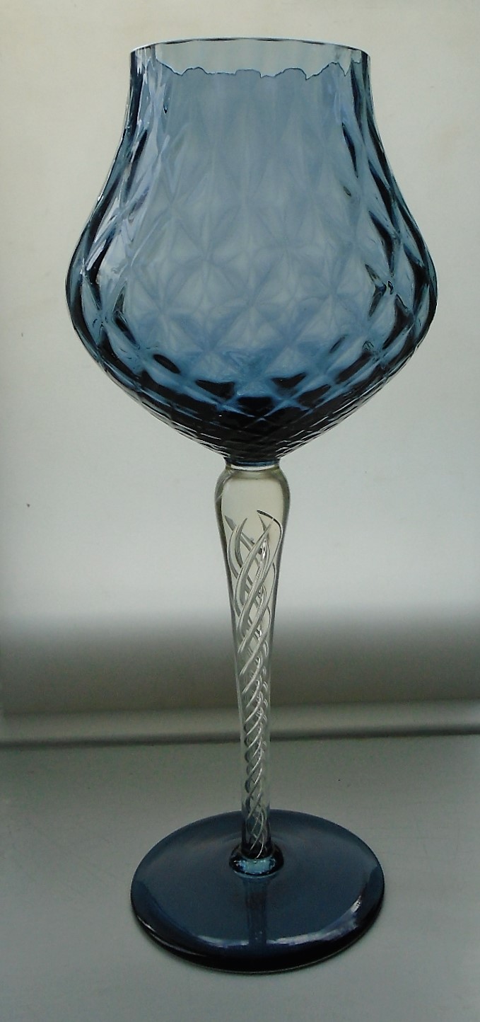 Stylish Italian Style Stemmed Glass Vase. Formed from Quilted Pattern Indigo