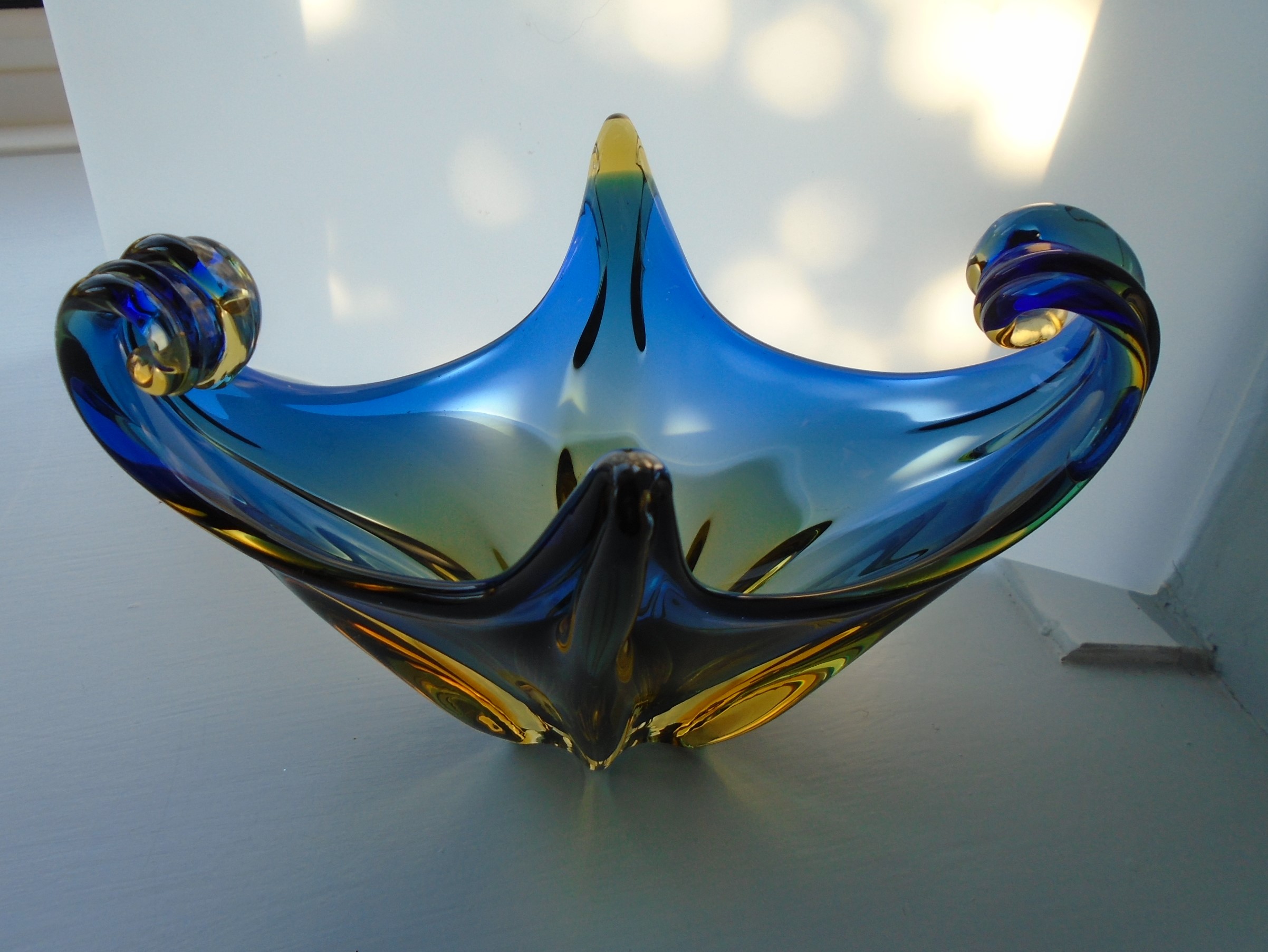Stunning example of Czech Mid Century Modern Glass in the form of this Josef Hospodka Organic  Deep Blue and Amber Bowl produced by Maker Chribska in the 1960s.