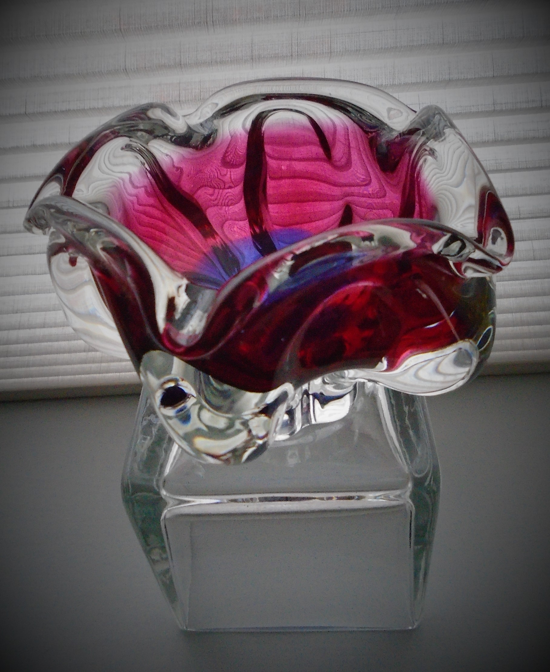 Stunning example of a Vintage Chribska cranberry and blue encased in clear glass bowl.