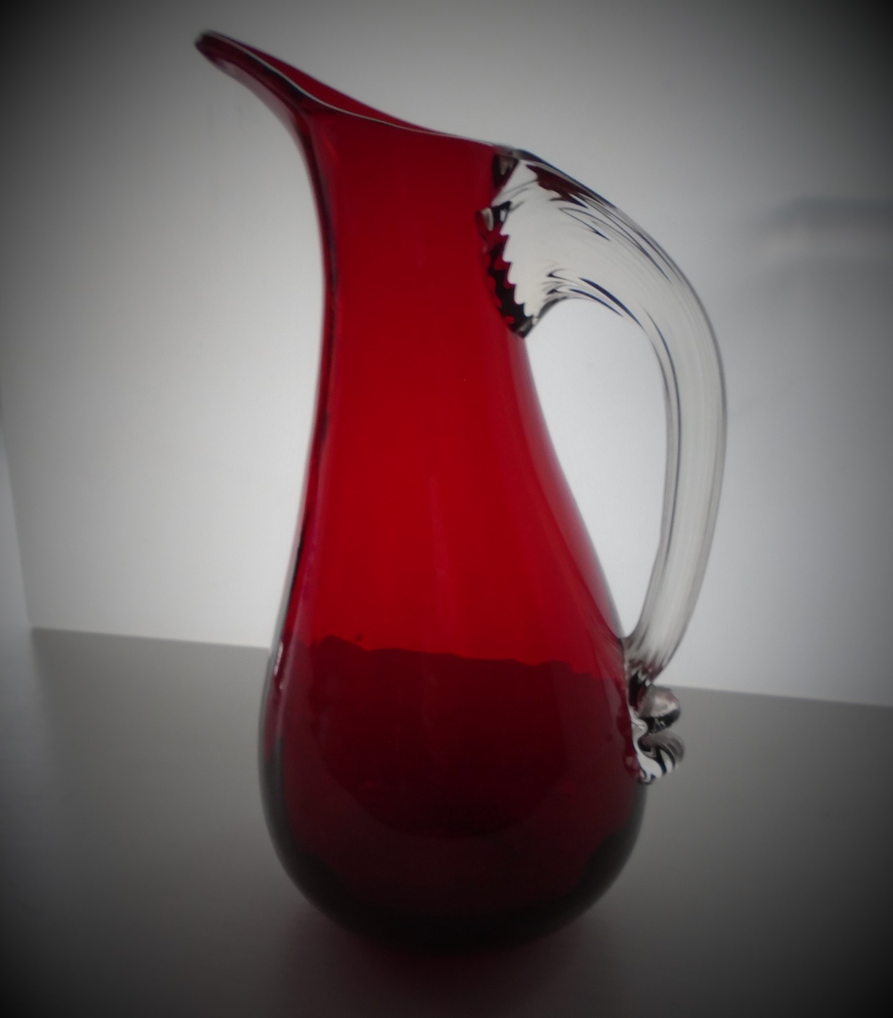 Whitefriars GEOFFREY BAXTER Ruby with clear handle glass jug.  Catalogue No. 9419