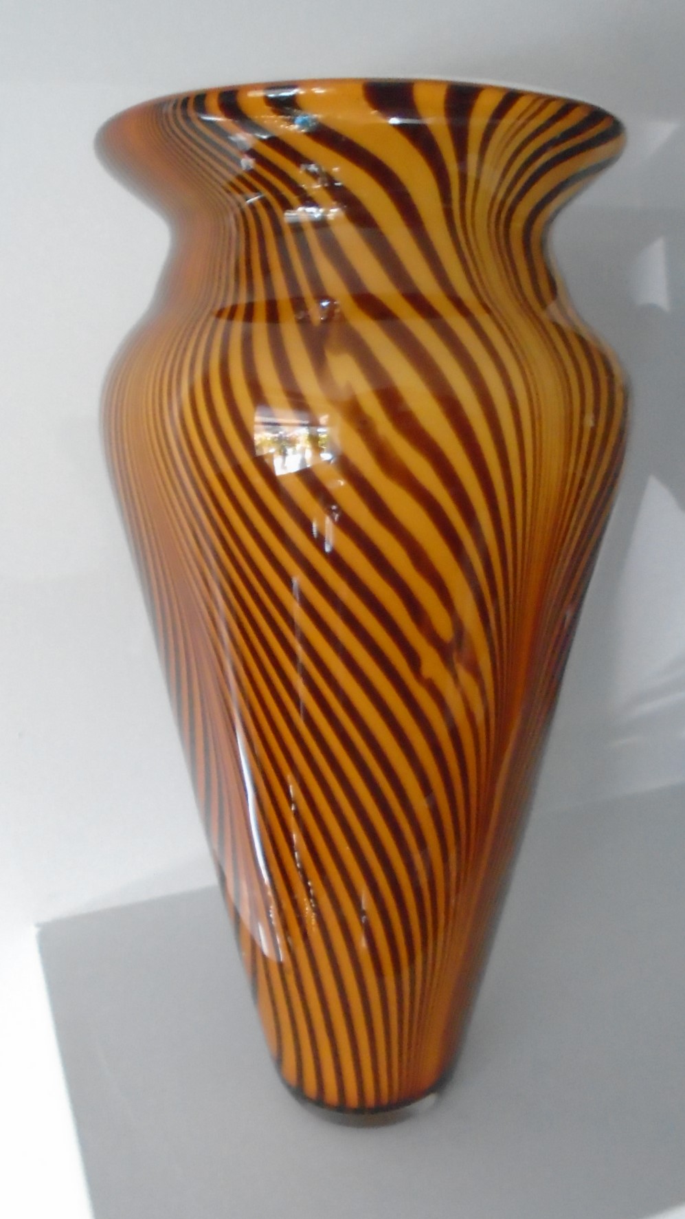Large Stunning Italian /  Murano Style Glass Vase in a vibrant Tiger Stripe Pattern with a white glass lining.