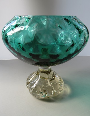  Elegant vintage Empoli footed bowl in aqua rippled glass 