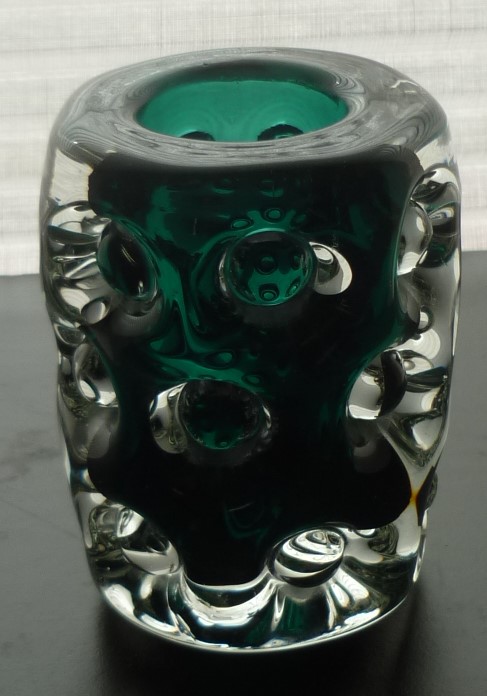 A Jim Dyer 1970s Liskard Viridian Green Glass “Knobbly” Vase.