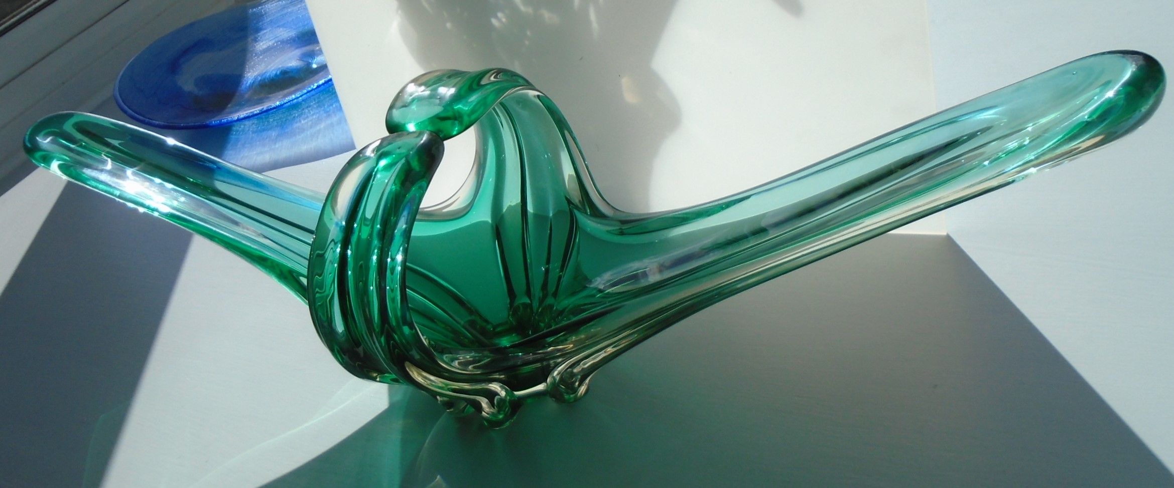 Vintage organic shaped Murano Glass Bowl Centre Piece. Its formed from aqua coloured glass encased in clear with two extended wings with two folded over. 