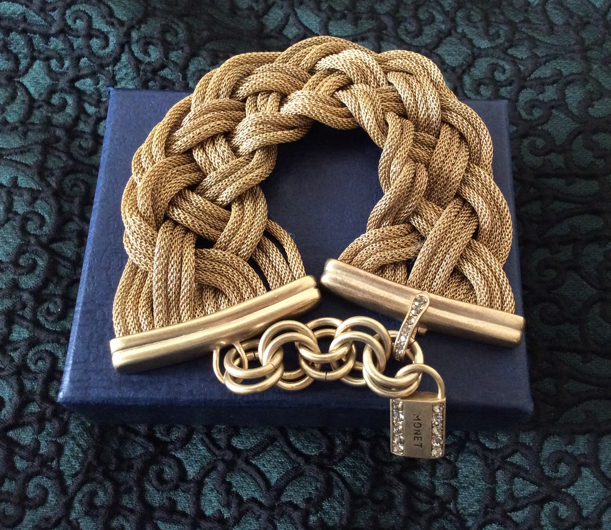 Vintage Designer MONET Goldtone Wide Adjustable Basket Weave Bracelet.