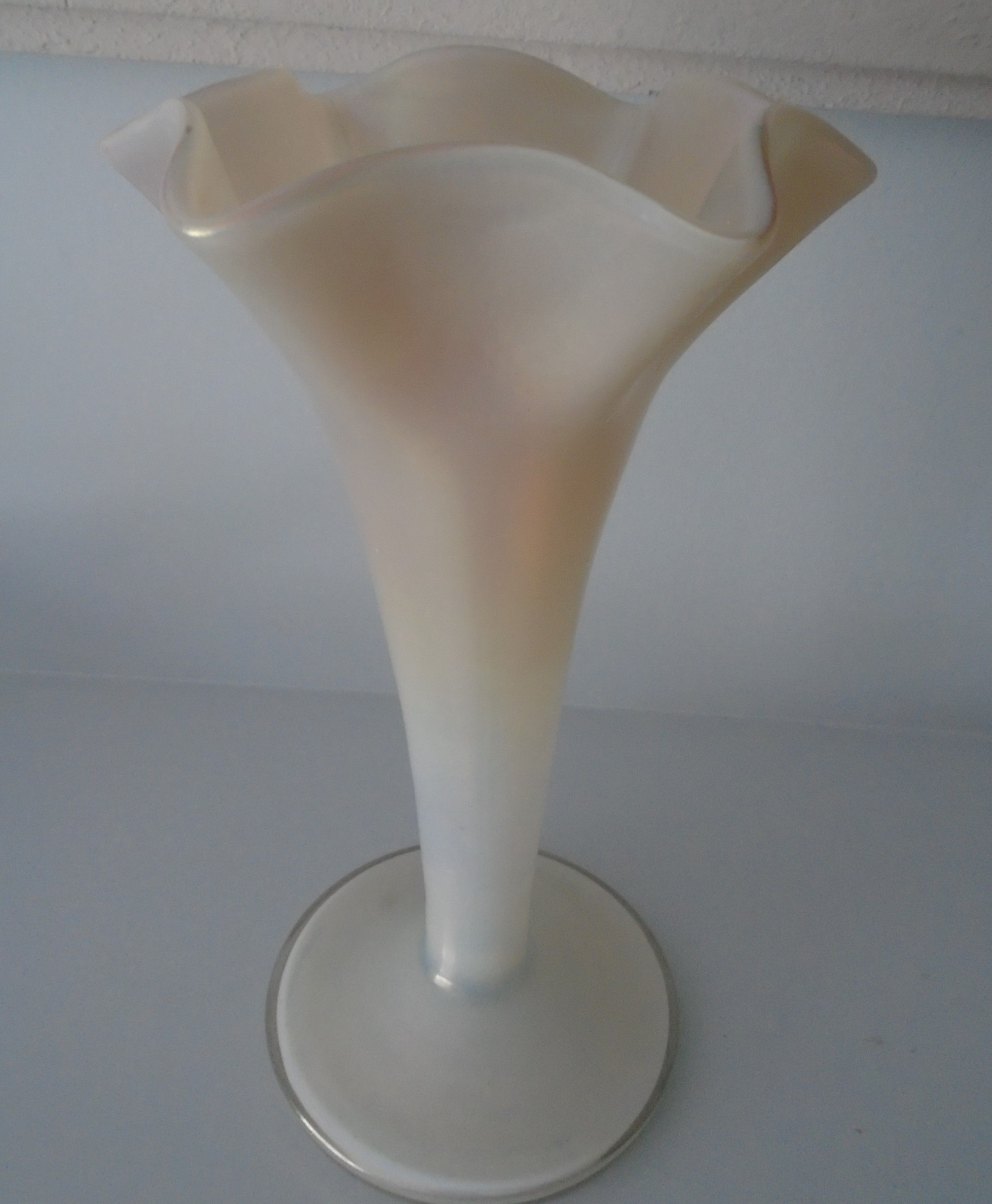Fine example of a late 19th century Bohemian Art Nouveau mother of pearl glass trumpet vase from glass maker KRALIK.