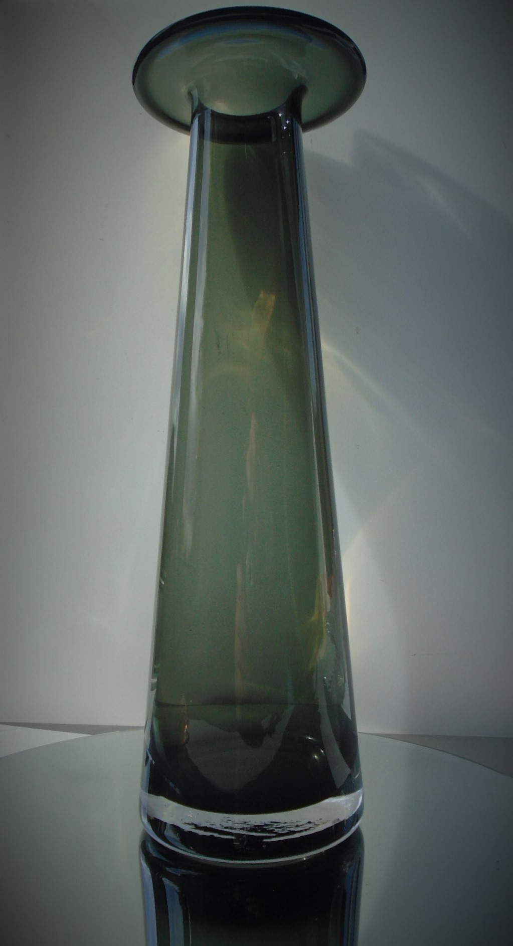 Vintage Mid Century German Gral-Glas Style tapering cylinder glass vase with a wide rim.