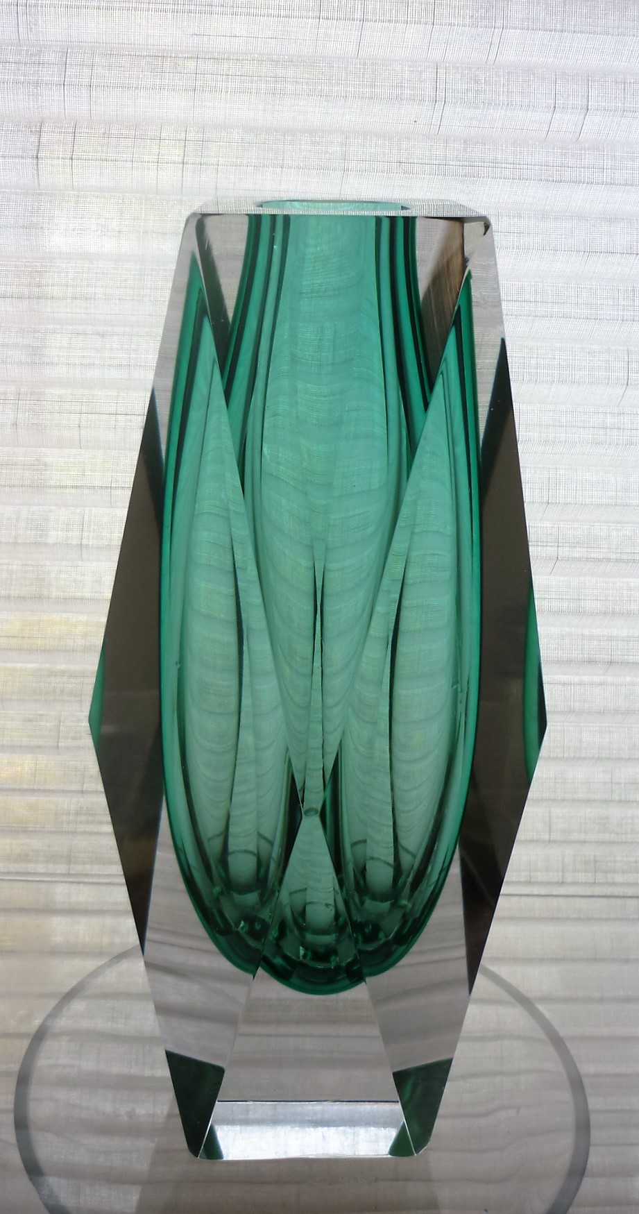 1960s vintage large emerald green Murano Mandruzzato faceted vase.