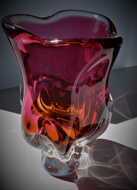 Vintage Czech Chřibská Glass pink and orange Vase 