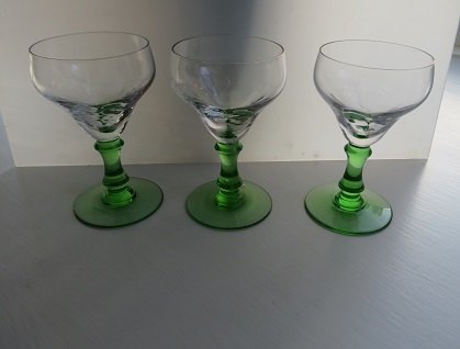 3 matching  vintage green stemmed sherry glasses