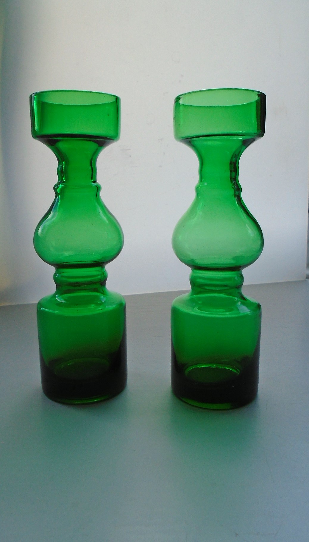  Pair of Scandinavian style Japanese 1970's Retro Hooped Green Glass Vases