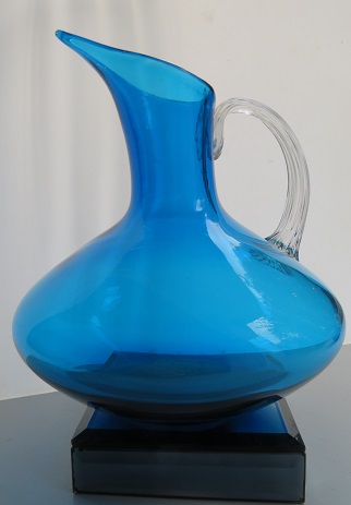 Fine example of a 60s vintage Whitefriars Blue Glass Jug with clear glass attached handle Catalogue number 9617.