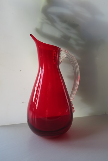 WHITEFRIARS GEOFFREY BAXTER Ruby with clear handle glass jug.  Catalogue No. 9419.