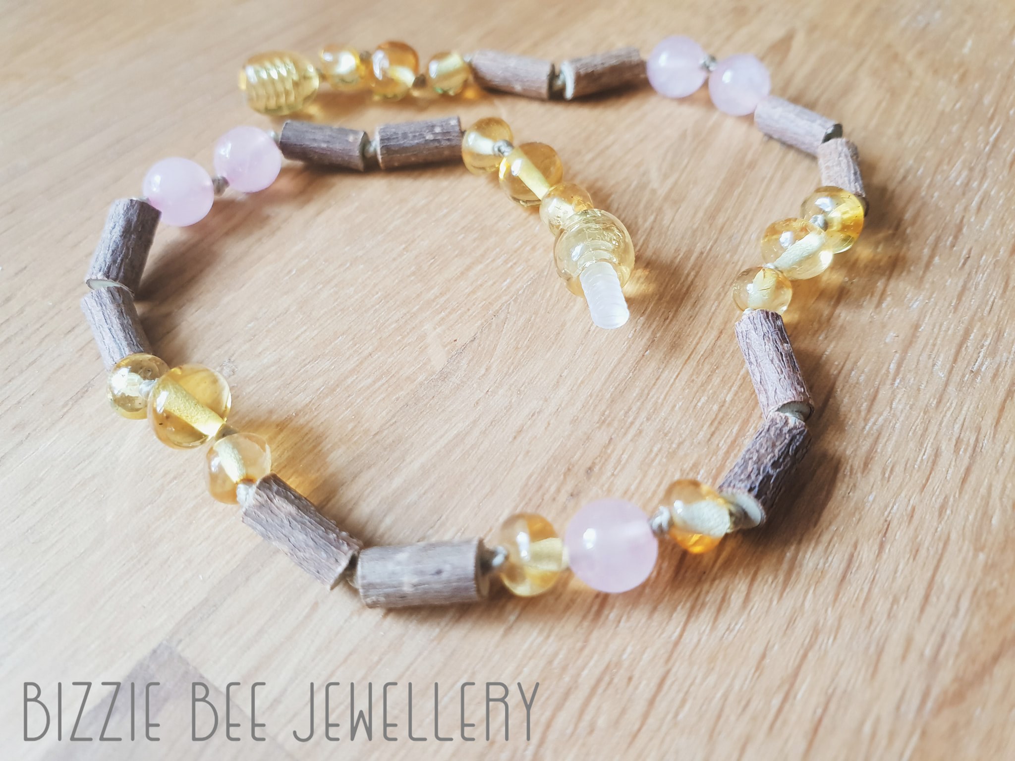 Peace and calm Hazelwood, rose quartz and Baltic amber necklace