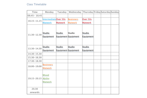 Pilates Timetable 2018