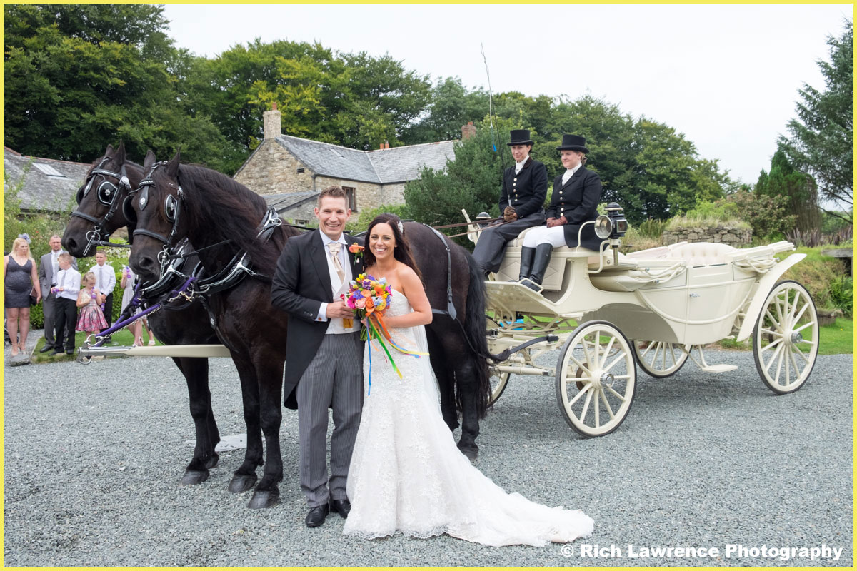 Bride and groom posing with horse and carrage