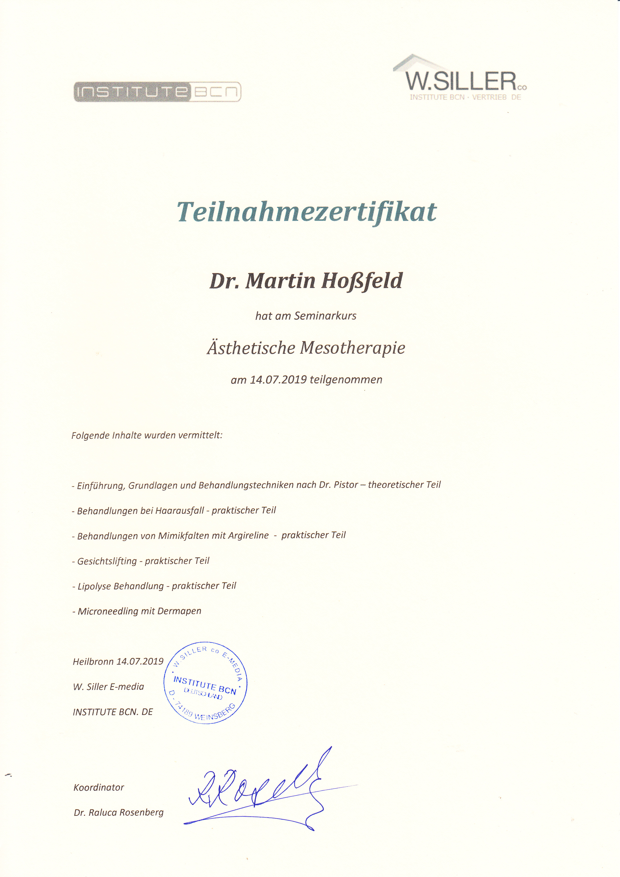 Fortbildung Mesotherapie Institute BCN Heilbronn