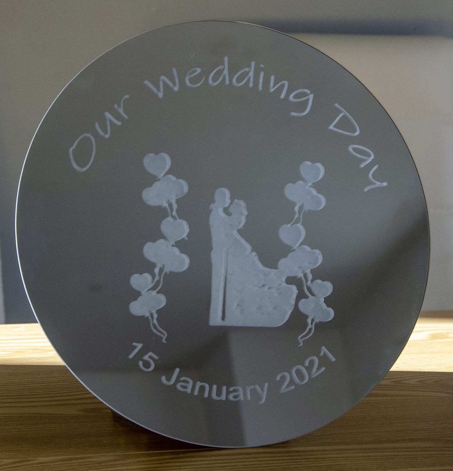 Mirrored Wedding Table Centrepiece or Wall Plaque. 25cm Diameter. Acid etched Glass. Ideal Wedding or Anniversary Gift.